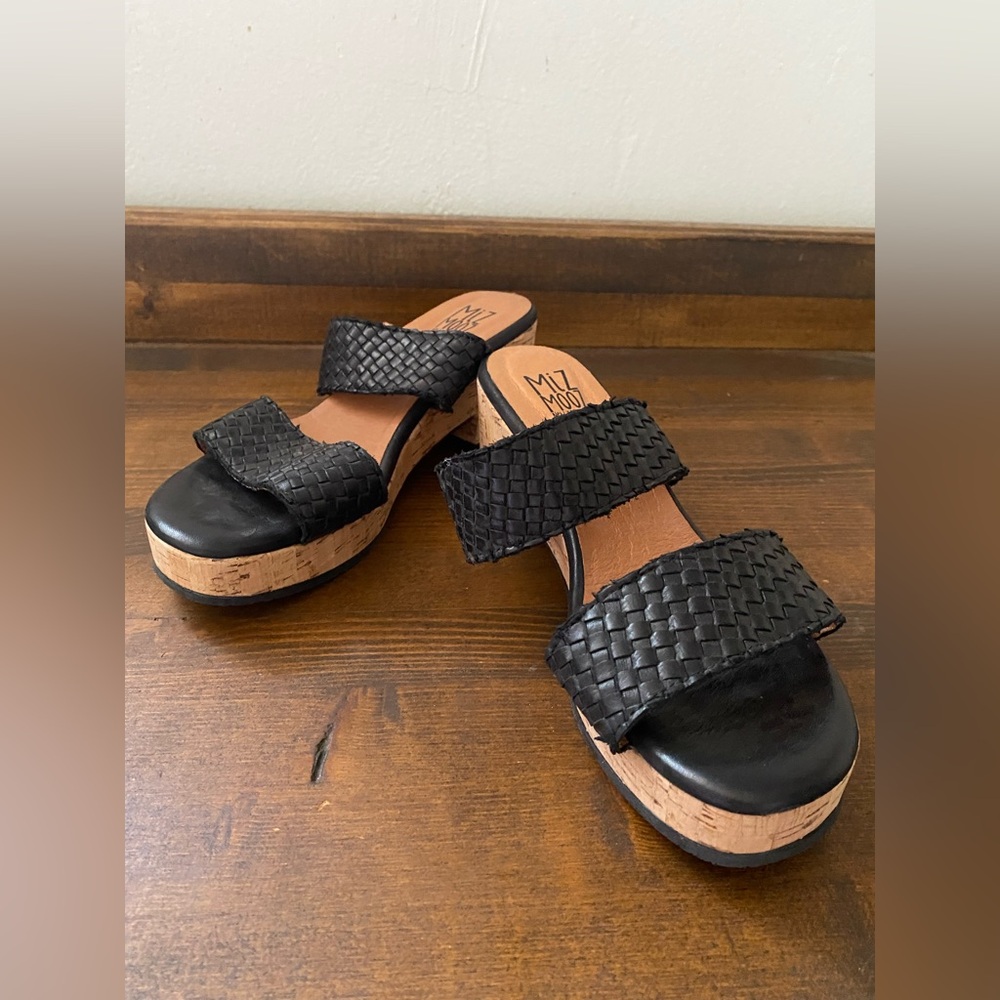 Miz Mooz Genna Slide Sandal Black Leather Woven Duel Strap Block Heel 40/9.5W